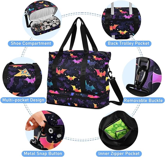 Travel Duffel Tote Bag Gothic Skull Bat Sports Duffel Bag with Wet Pocket Weekender Overnight Bag for Women Men Gym Bag, Carry On Bag Hospital Bag for Labor and Delivery - Image 2