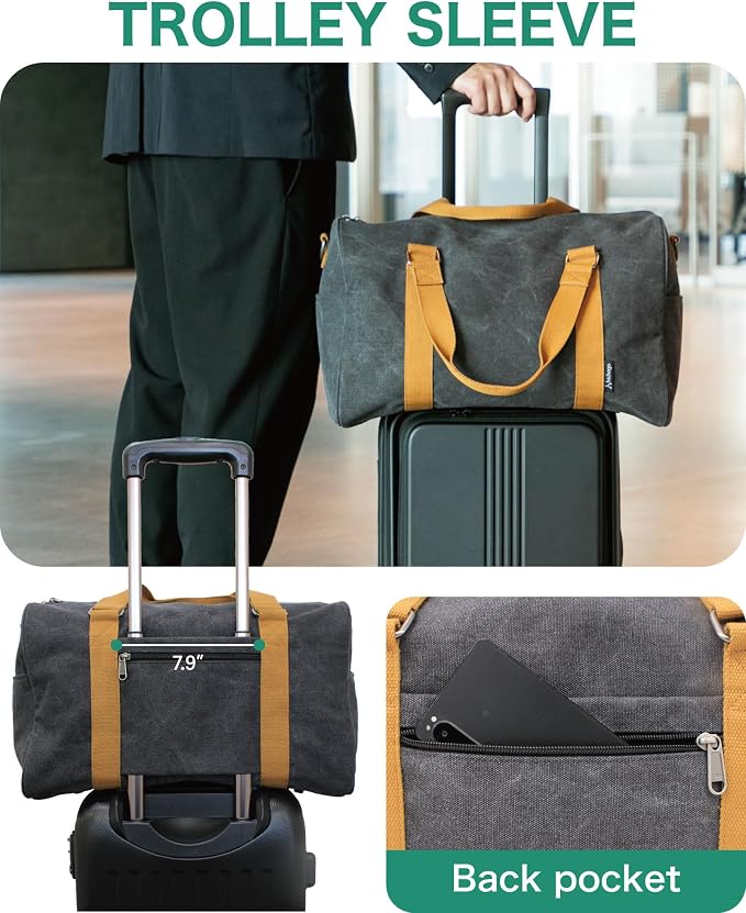 Travel Duffel Bag - 40L Weekender Carry-On, CanBoss (Black) | Spacious 40L canvas weekender duffle for women & men - gym, travel and carry-on bag with trolley sleeve and 6 pockets - Image 5