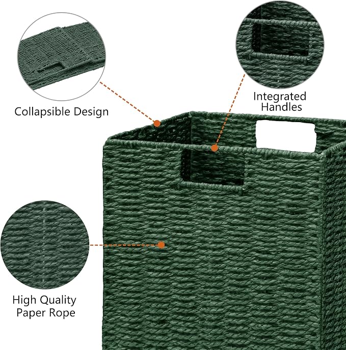 Wicker Storage Basket, Set of 2 Hand-Woven Paper Rope Wicker Baskets, Foldable Cube Storage Bins, Square Storage Baskets for Organizing Shelves & Decor, Green (11″×11″×11″) - Image 2