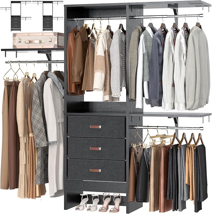 5FT Small Closet System with 3 Fabric Drawers, 60 Inches Walk In Closet Organizer System With 3 Adjustable Shelves, Heavy Duty Clothes Rack Built-In Garment Rack, 59" L x 16" W x 71" H, Black by Armocity