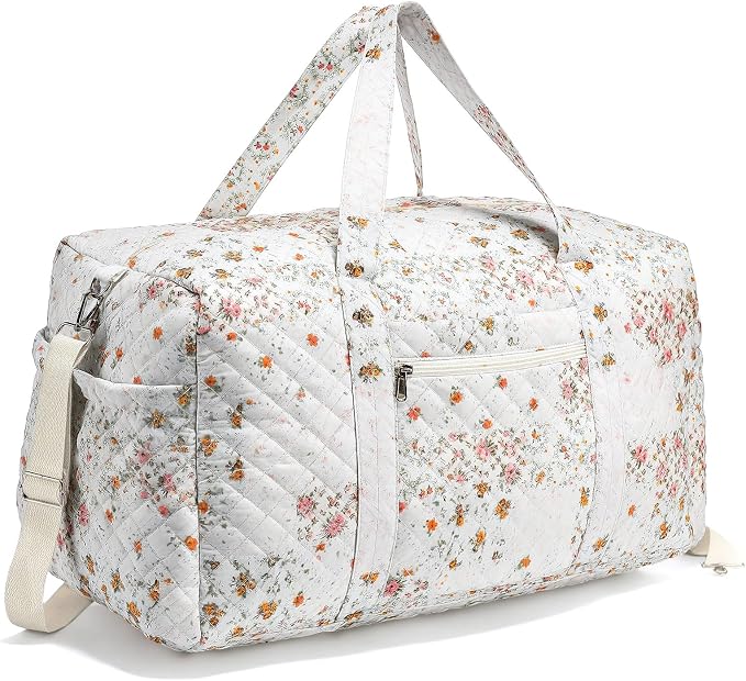 Dansydaisy Large Quilted Travel Duffle Bag for Women Floral Portable Gym Weekender Bag with Zipper Pockets Workout Grocery Pouch Duffle Gift Pouch for Work(Light Colored Spliced Floral) by Dansydaisy
