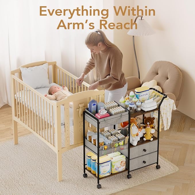 BBLIKE Diaper Caddy Organizer with Hanging Rack - 3 Tier Rolling Baby Storage Cart with Drawers and Side Pockets for Newborn Diaper Organization for Nursery, Crib, Bedroom, Changing Table, Gray - Image 3