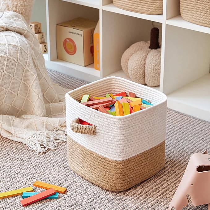 R RUNKA Storage Cube Baskets for Organizing -3 Pack -11 inch Square Baskets for Cube Storage, Closet Storage Bins-Woven Cube Storage Bins for Shelves- Ideal for Toy Storage |White & Khaki - Image 4
