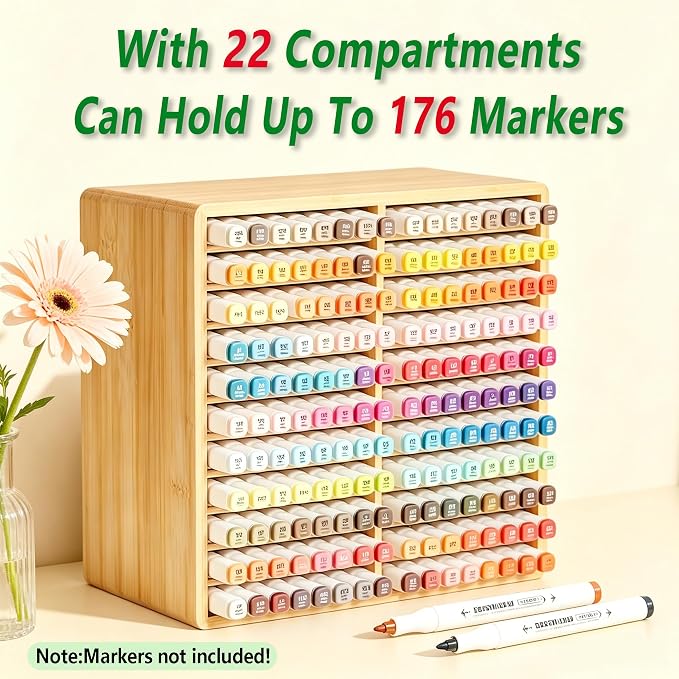 Bamboo Marker Organizer, Holds 176 Markers with 22 Compartments | Wooden Desktop Storage Holder For Alcohol Markers,Pens,Pencils,Art Brushes, Stationary Organizer for Home, Classroom, Office - Image 3