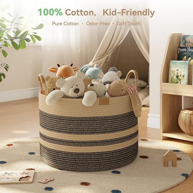 Nunsino 72L Woven Blanket Basket with Leather Handles, Cotton Rope Laundry Basket Hamper,Decorative Nursery Basket Toy Storage Basket for Kids, Living Room, Bedroom,Dark Brown Stripes - Image 3