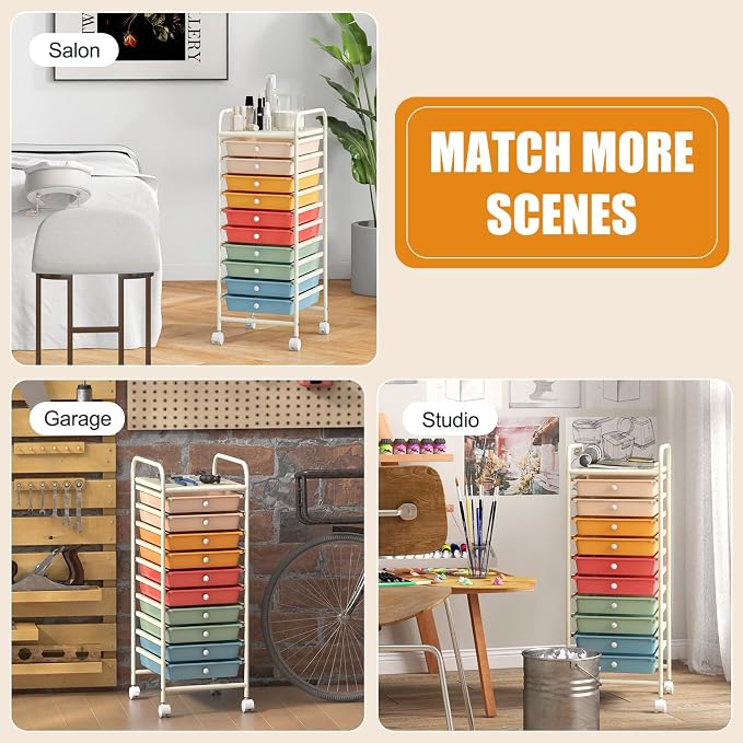 GOFLAME 10-Drawer Rolling Storage Drawer Cart, Utility Cart with Removable Drawers & Metal Frame, Mobile Art Craft Drawer Cart with Lockable Wheels for Home, Office, Studio, School, Macaron Color - Image 8