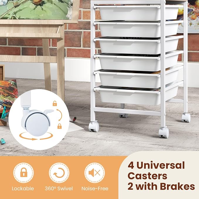 Giantex Rolling Storage Cart with 6 Drawers, Utility Cart w/Wooden Tabletop, Lockable Wheels, Multipurpose Organizer for Art Craft Books Paper, Drawer Carts for Dorm Classroom Office, White - Image 6