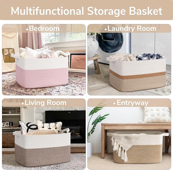 Goodpick Large Woven Rope Blanket Basket, Rectangle, White & Camel Mix | 21.6'' x 14.9'' x 11.8'' Storage Basket for Blankets & Toys, Living Room, Bedroom & Nursery Organization, Home Decor - Image 4