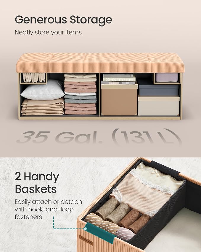 SONGMICS MAZIE Collection - Storage Ottoman Bench, Foldable Foot Rest, 15 x 43 x 15 Inches, End of Bed Bench, Storage Chest, Load 660 lb, Living Room, Bedroom, Entryway, Apricot ULSF604O01 - Image 6
