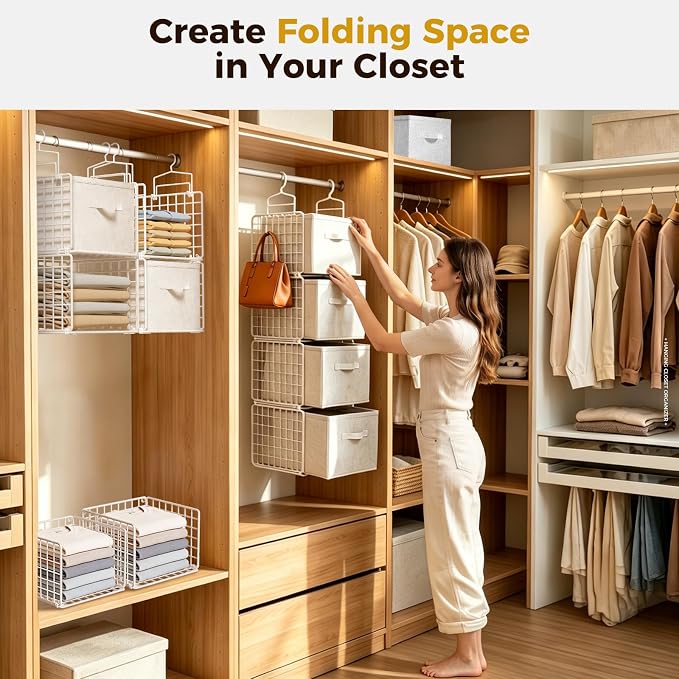 4 Tier Hanging Closet Organizer with 4 Drawers, White | Metal Hanging Shelves with 4 Hanging Hooks for Wardrobe Laundry Garage, No Sagging, Modular Design, Space Saving - Image 6