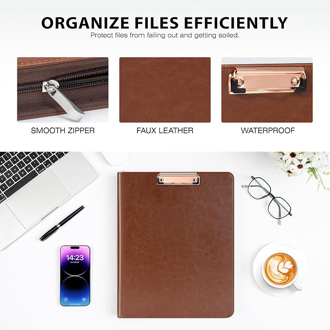 Ospelelf Zippered Padfolio Organizer, Faux Leather 3 Ring Binder with Clipboard, Letter Size Business Portfolio with Notepad, Tablet Sleeve & Phone Pockets for Office Work Brown - Image 5