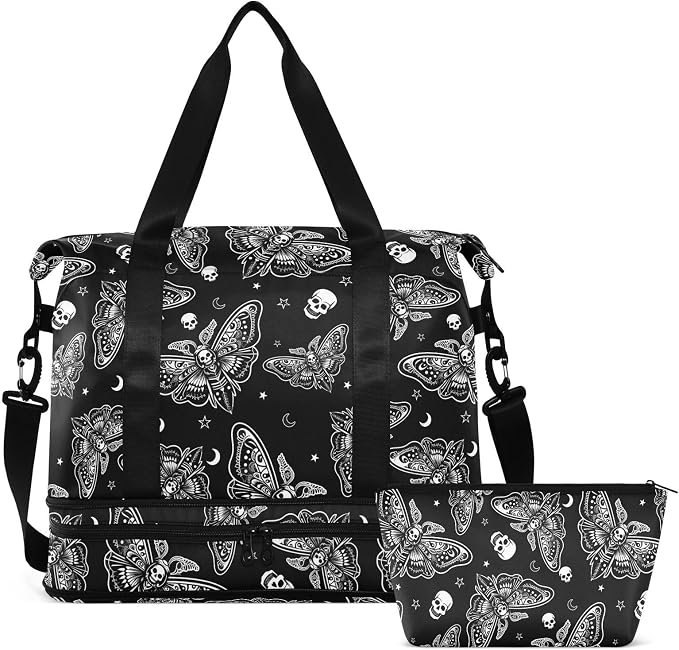 Travel Duffel Tote Bag Moth Skull Moon Esoteric Sports Duffel Bag with Wet Pocket Weekender Overnight Bag for Women Men Gym Bag, Carry On Bag Hospital Bag for Labor and Delivery - Image 8