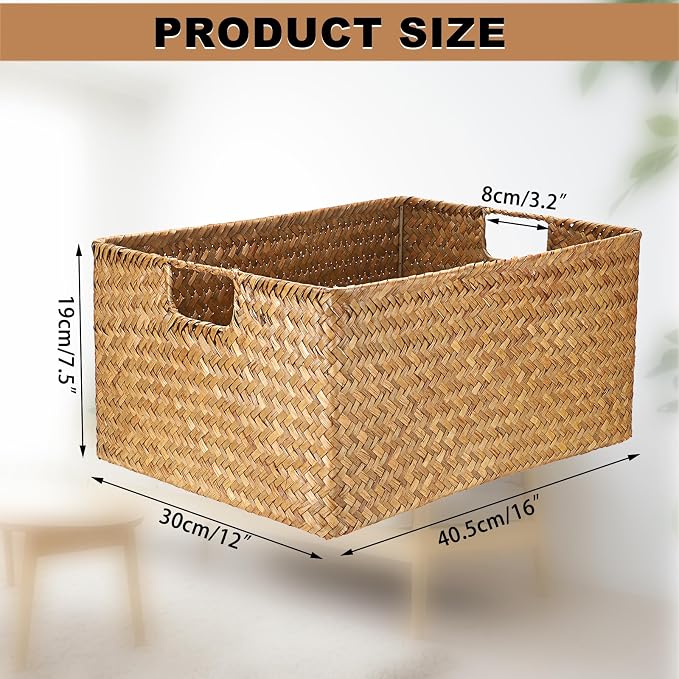 Hipiwe Seagrass Storage Baskets Bin for Shelf, X-Large Woven Wicker Basket | Rectangular Closet Bedroom Organizer Built-in Handles, Multipurpose Pantry Basket Bin, Caramel Color - Image 3