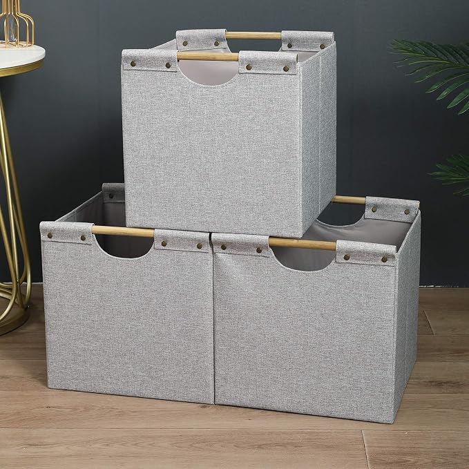 HOONEX Collapsible Storage Bins, 12x12x12in Storage Cubes Linen Fabric, 3 Pack, Storage Baskets with Wooden Carry Handles and Sturdy Heavy Cardboard, for Home, Office, Car, Nursery, Light Grey - Image 5
