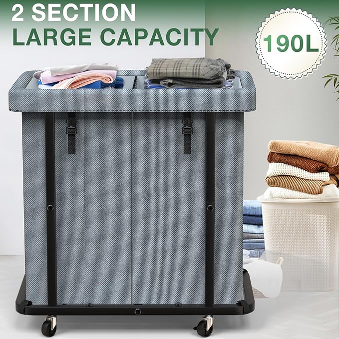 Laundry Basket with Lid,190L Rolling Laundry Hamper with Wheels,Grey | Dirty Clothes Hamper with Metal Frame and Removable Bag Design, Suitable for Laundry Room, Bedroom(2 Section) - Image 2