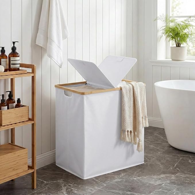 efluky Laundry Hamper with Lid, Double Laundry Basket with 2 Removable Bags, 2 Section Laundry Bin with Bamboo Handles for Bathroom, Bedroom & Laundry Room, 140L (36.9 Gallon) White - Image 8