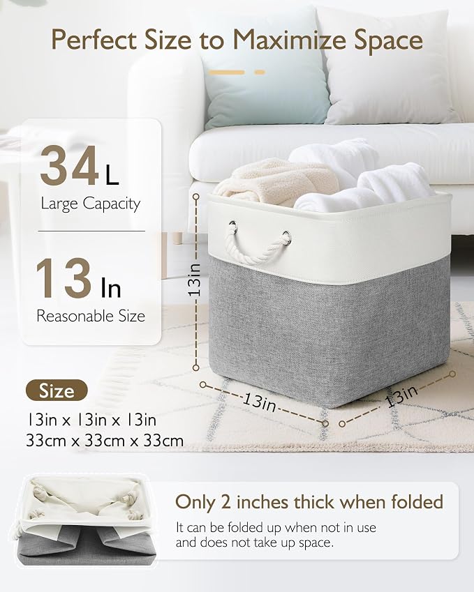 Patvingot 13-Inch Fabric Cube Storage Bins with Handles,4 Pack,Foldable | For cube shelves and closets,keeps grouped for everyday access,reinforced opening and fold-flat storage,white and gray - Image 2