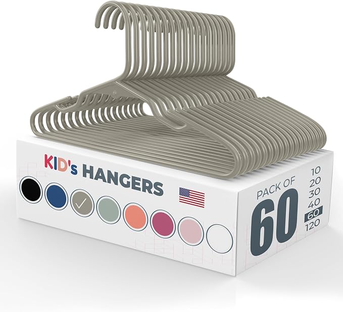 Plastic 12” Kids Hangers 50 Pack (60 Count) – Made in the USA – 5lb Capacity Baby & Toddler Clothes Hangers with Notches & Reinforced Edges – Fits Children’s Sizes Up to 8 – Gray by NeatiesHangers