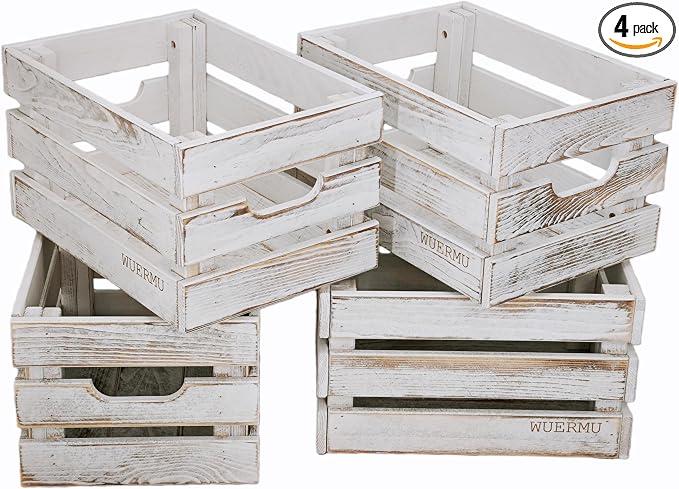 White Wooden Crates, Set of 4 for Storage, Milk Crate, Wine Box, Festival Decorations, and Camping, 12.2 Inch Multi-Purpose Sturdy Wood Boxes. by WUERMU