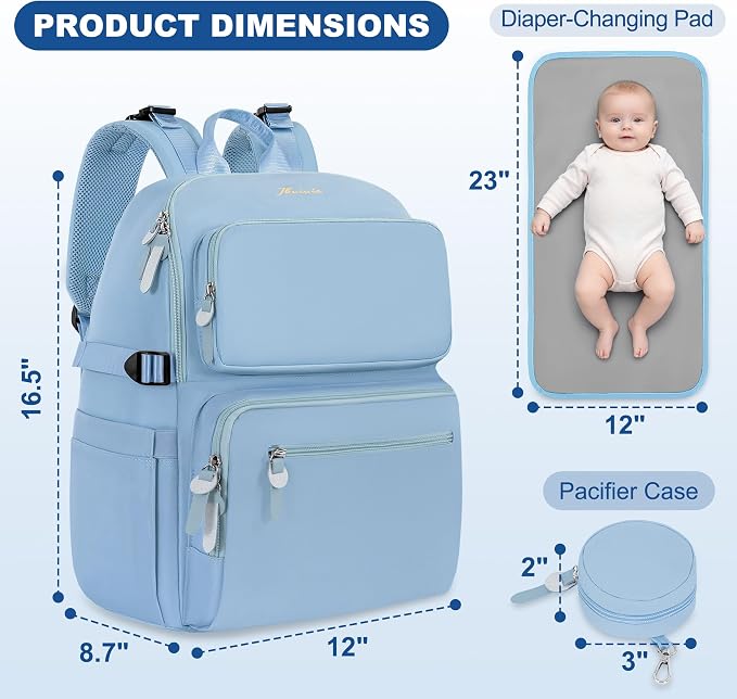 IBVIVIC Diaper Bag Backpack with Portable Changing Pad, Light Blue | Multifunctional Baby Bag for Mom Dad, Large Capacity, Stroller Straps, Insulated Bottle Pockets & Pacifier Case - Image 4