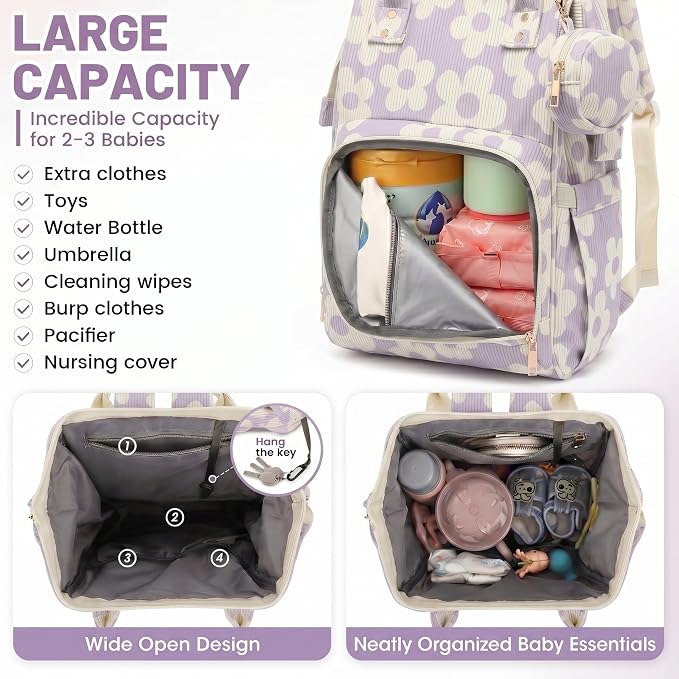 Baby Diaper Bag Backpacks for Mom Dad, Corduroy Large Capacity Multifunction Nappy Bag with Pacifier Case, Baby Travel Essentials Diaper Backpack for Boys Girls - Large Flowers Purple - Image 3