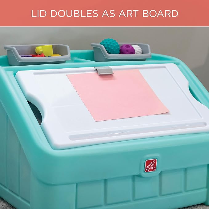 Step2 2-in-1 Toy Box & Art Lid, Kids Toy Storage Bin & Organizer, Easel & Chest in One, Made of Durable Plastic, For Toddlers 2+ Years Old, Mint - Image 3