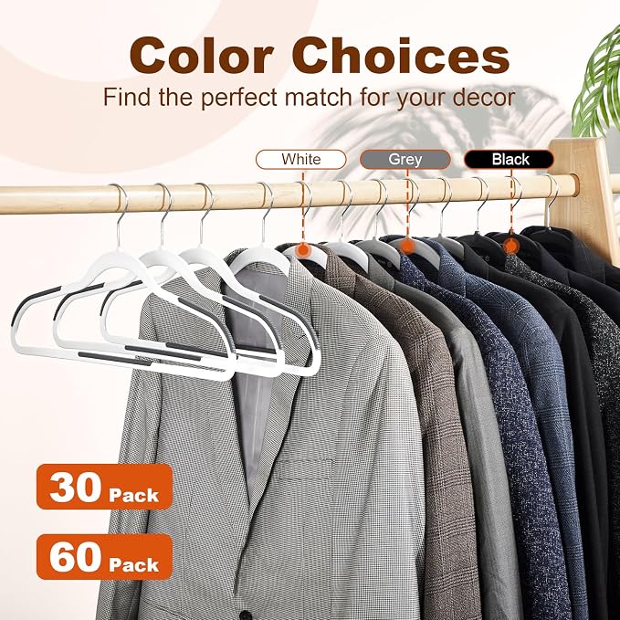 HOUSE DAY Non Slip Plastic Clothes Hangers 60 Pack with Rubber Pads, White | Space-Saving 0.2-Inch Slim Design; Heavy-Duty and 360° Swivel Hooks Keep Shirts, Coats, Suit, Blouse and Pants Organized - Image 8