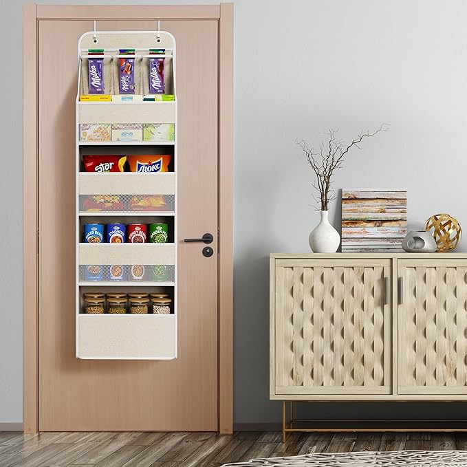 Univivi Over the Door Organizer for Baby Nursery, Beige Pattern, 5-Shelf | Door Storage with Large Capacity Breathable Mesh Pockets, Fabric Over Door Organizer for Baby Essential, Bedroom and Dorm - Image 6
