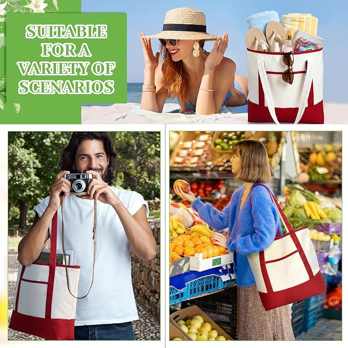 Sanwuta Canvas Tote Bags Bulk with Outer Pockets,Red,12 Pack | Reusable Cotton Grocery Bags, Perfect for Teachers, Party Giveaways, DIY Crafts, Wedding Favors, Business Gifts - Image 2