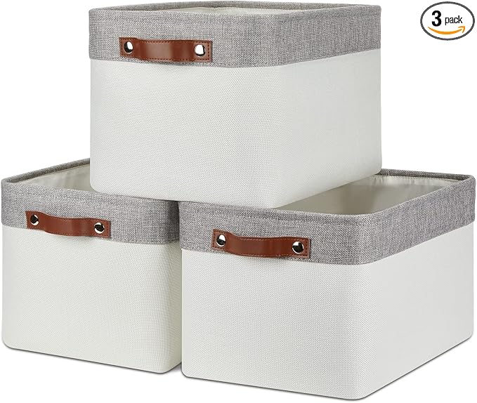 DULLEMELO Storage Baskets for Organizing, Shelves,Bedroom, Decorative Storage Bins with Leather Handles, Fabric Storage Basket for Office, Toys(3-Pack Medium-15 inch X 11 inch X 9.5 inch , Grey&White) by DULLEMELO