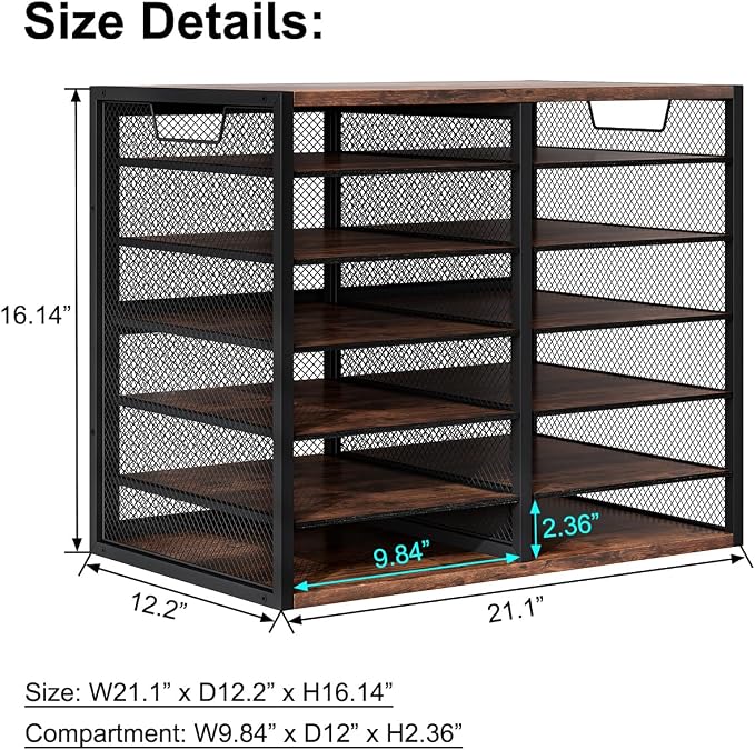 PAG Mass Mail Sorter - Adjustable Mail Holder, Countertop Literature Organizer, Student Mailbox for Classroom, Desktop Bill Paper Organizer for Office Home School, 12 Compartments, Brown - Image 3
