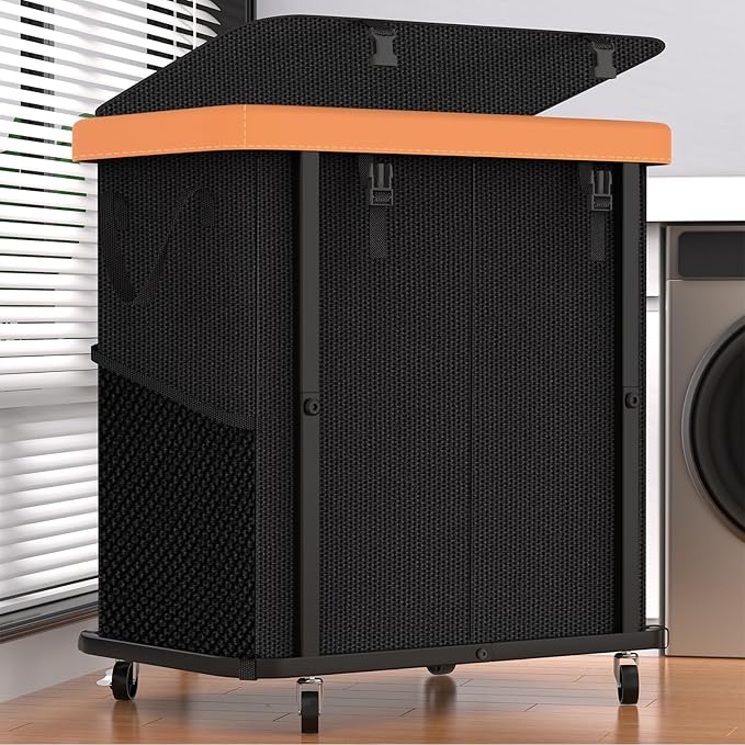 Laundry Basket with Wheels,190L Leather Patchwork Laundry Hamper 2 Setion | Sturdy Metal Frame, Removable Washable Bag, Tall Clothes Sorter for Bedroom - Black by Unlockyourhomestoragelife