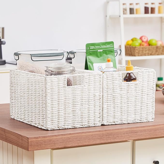 Wicker Storage Basket, Set of 2 Hand-Woven Paper Rope Wicker Basket, Small Storage Baskets for Organizing Toilet Paper Basket, Foldable Large Cube Storage Organizer Bins for Shelves (White) - Image 6