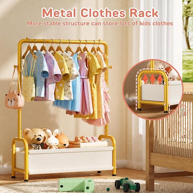 Kids Clothing Rack with Storage Shelf, Kids Dress Up Storage | for Coats, Small Baby Garment Rack for Hanging Clothes, Toddler Wardrobe Closet Organizer (Gold, Classic) - Image 3