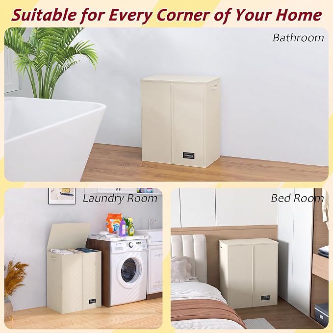 135L Laundry Hamper 2 Section, Large Laundry Hamper with Lid, Dirty Clothes Hamper with 2 Removable Inner Bags, Collapsible Laundry Basket Organizer for for Clothes Toys Towels, Hamper 2 Compartment - Image 7