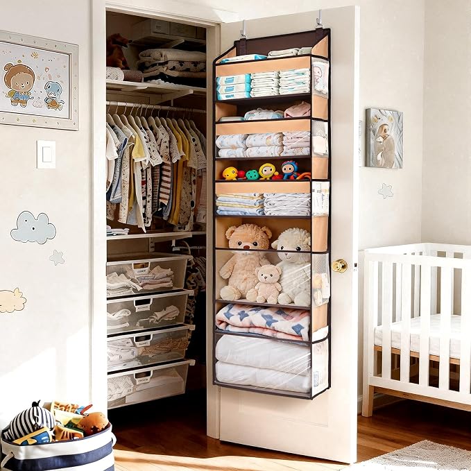 5 Tiers Over Door Organizer with 10 Mesh Side Pockets, 44 lbs Weight Capacity Hanging Storage Organizer with Clear Window Kids Toys, Shoes, Diapers, Brown - Image 6