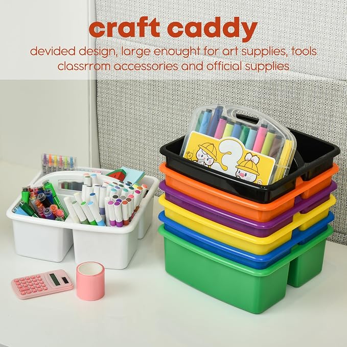 ALINK Plastic Classroom Caddy Organizer with Handle, 6-Pack 3 Compartments, Teacher Supply Storage Caddy for Classroom Organization, Table, Desk, Office, Craft Art for Kids - White - Image 5