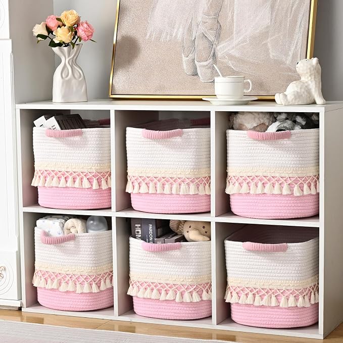 2 Pack Storage Basket for Shelves, Boho Cotton Rope Storage Bins with Heavy Tassel, Shelf Baskets Large Woven Baskets for Organizing, Cube Organizer Bins, Baby Laundry Basket for Clothes, Toys, Pets - Image 6