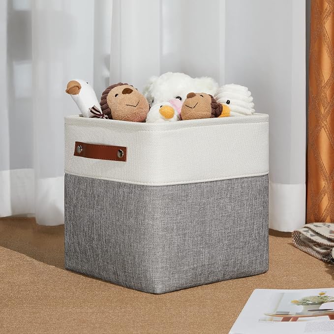 DULLEMELO 11 Inch Cube Storage Bins (Set of 4), Fabric Storage Baskets for Standard Cube Organizers, High-Capacity Collapsible Bins with PU Leather Handles for Closet, Nursery, and Shelves-White&Grey - Image 5