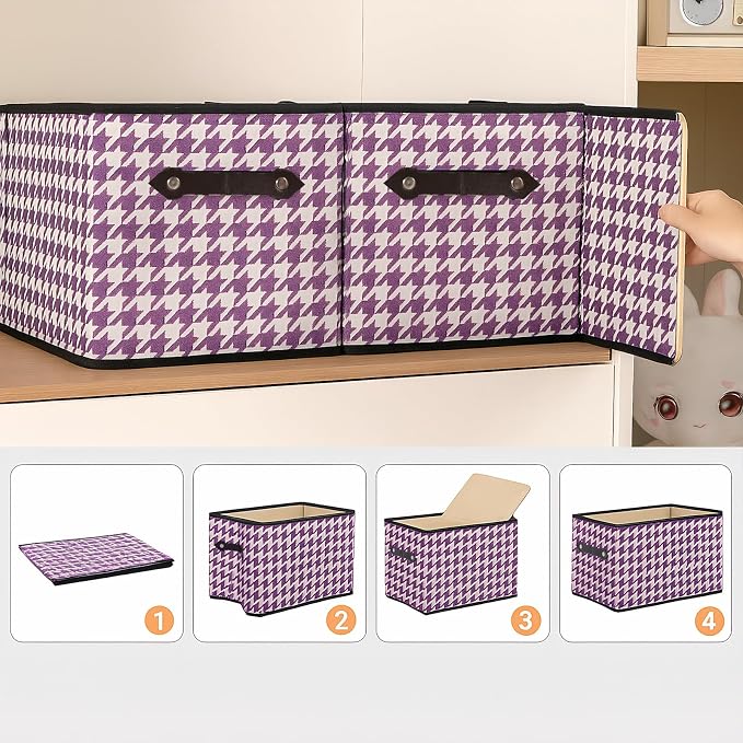 1 Pack Large Collapsible Storage Baskets for Shelves,14.9"x9.5" Fabric Closet storage Boxes with Leather Handles,Decorative Organizers Storage Bins for Clothes,Sheets,Books,(Purple Houndstooth - Image 6