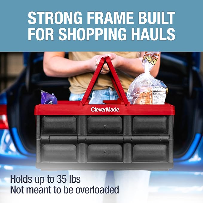 CleverMade Collapsible Shopping Basket, 32L Storage Crate, 1 Pack, Red | Carry Bigger Grocery Hauls with Confidence | Rigid Walls Hold 35 lb, While Top and Side Handles Balance the Load - Image 2