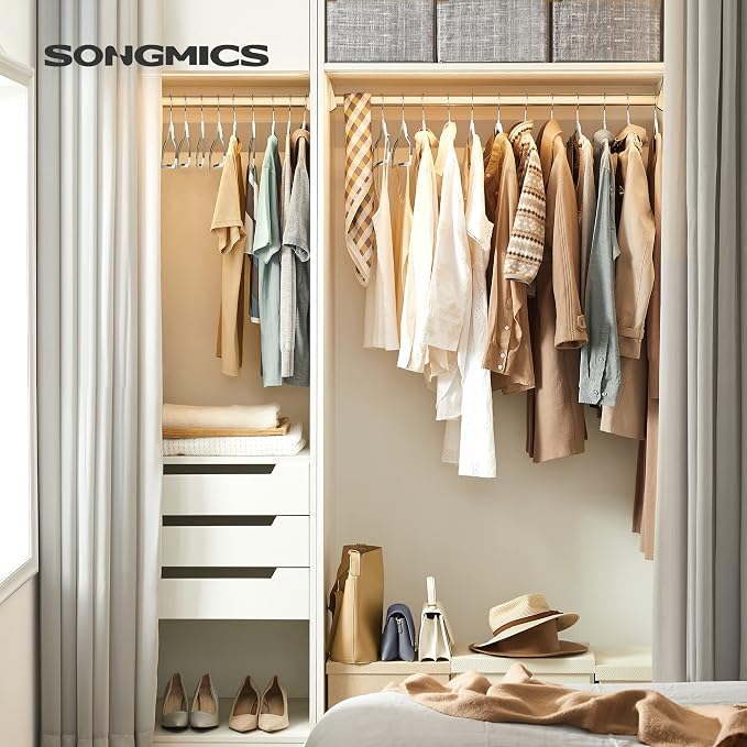 SONGMICS Plastic Clothes Hangers, Pack of 50, Non-Slip, Space-Saving | 0.2 Inches Thick, 17.7 Inches Wide, 360° Swivel Hook, White and Dark Gray, BREANNA Collection UCRP050W50 - Image 2