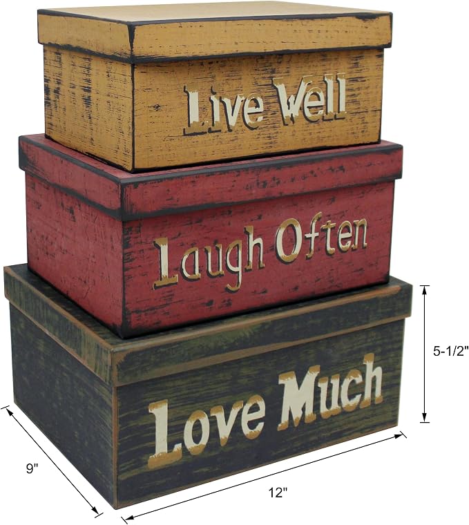 Primitive Vintage Rectangular “Live Well, Laugh Often, Love Much” Cardboard Nesting Boxes, Large 12 X 9 X 5-1/2 Inch. Set of 3. - Image 6