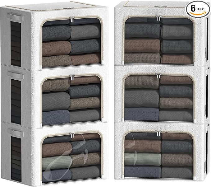 FHSQX 6 Pack Clothes Storage Bins with Metal Frame | Ivory White, 15.7x11.8x7.8inch (22L),‎Portable, Large Clear Window, Stackable, Durable Handles, Foldable, Linen Fabric, by FHSQX