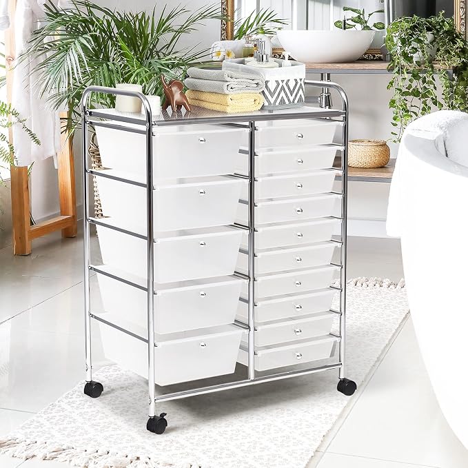 RELAX4LIFE 15-Drawer Rolling Storage Drawer Cart Organizer | 34.5"H Chrome Frame, Semi-Transparent Clear Drawers Rolling Wheels; School Office Home Salon Multipurpose Utility Storage - Image 8