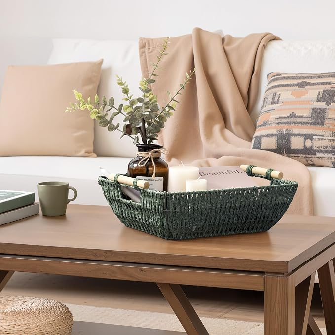 StorageWorks Large Wicker Basket, Woven Basket for Shelves, Bosana Green | Wicker Storage Baskets for Shelves, Baskets with Wooden Handles, 2-Pack Gifts Basket for Home Decor, Hand-Woven Basket - Image 6