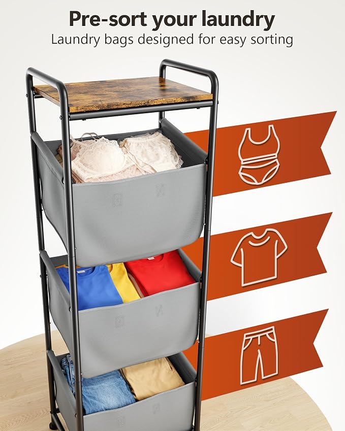 3 Section Laundry Sorter with Removable Bags, 120L Vertical Laundry Hamper with Shelf, Stackable Laundry Baskets organizer for Bathroom, Apartment, Dorm (Gray, With Shelf) - Image 2