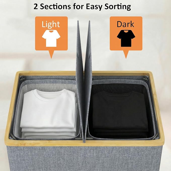 efluky Laundry Hamper with Lid, Double Laundry Basket with 2 Removable Bags, 2 Section Laundry Bin with Bamboo Handles for Bathroom, Bedroom & Laundry Room, 140L (36.9 Gallon) Blue Grey - Image 5