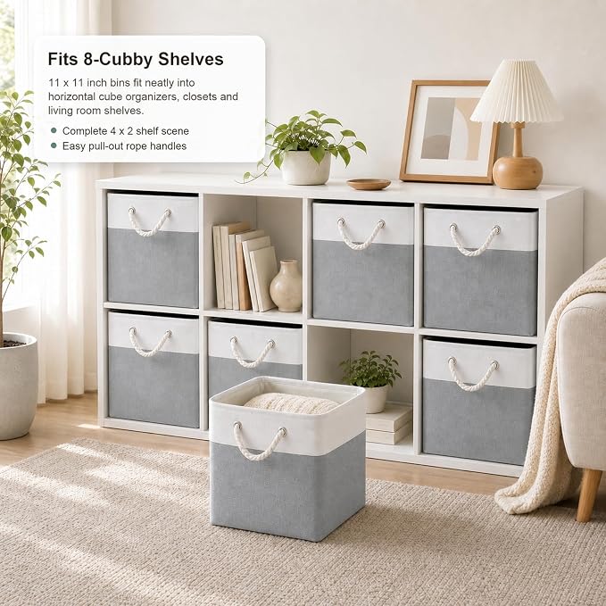 11x11 Inch Cube Storage Bins, 8 Pack Collapsible Fabric Storage Cubes with Rope Handles, Waterproof Foldable Storage Baskets for Cube Shelves, Closet, Clothes, Toys, Books, White & Gray - Image 7