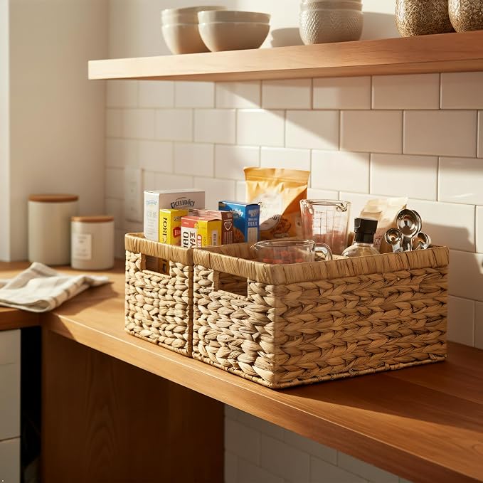 Water Hyacinth Storage Baskets Set of 2 - Medium Decorative Wicker Baskets for Organizing Shelves, Rectangular Woven Storage Bins with Handles for Pantry, Bathroom, Living Room 13"x9"x7" - Image 6